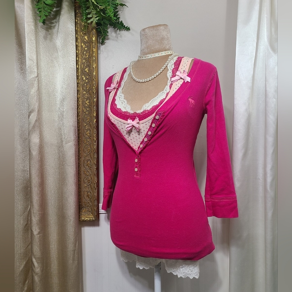 ♡ Y2K ♡ Abercrombie Hot Pink Button Down Babydoll Henley Top - Picture 3 of 11